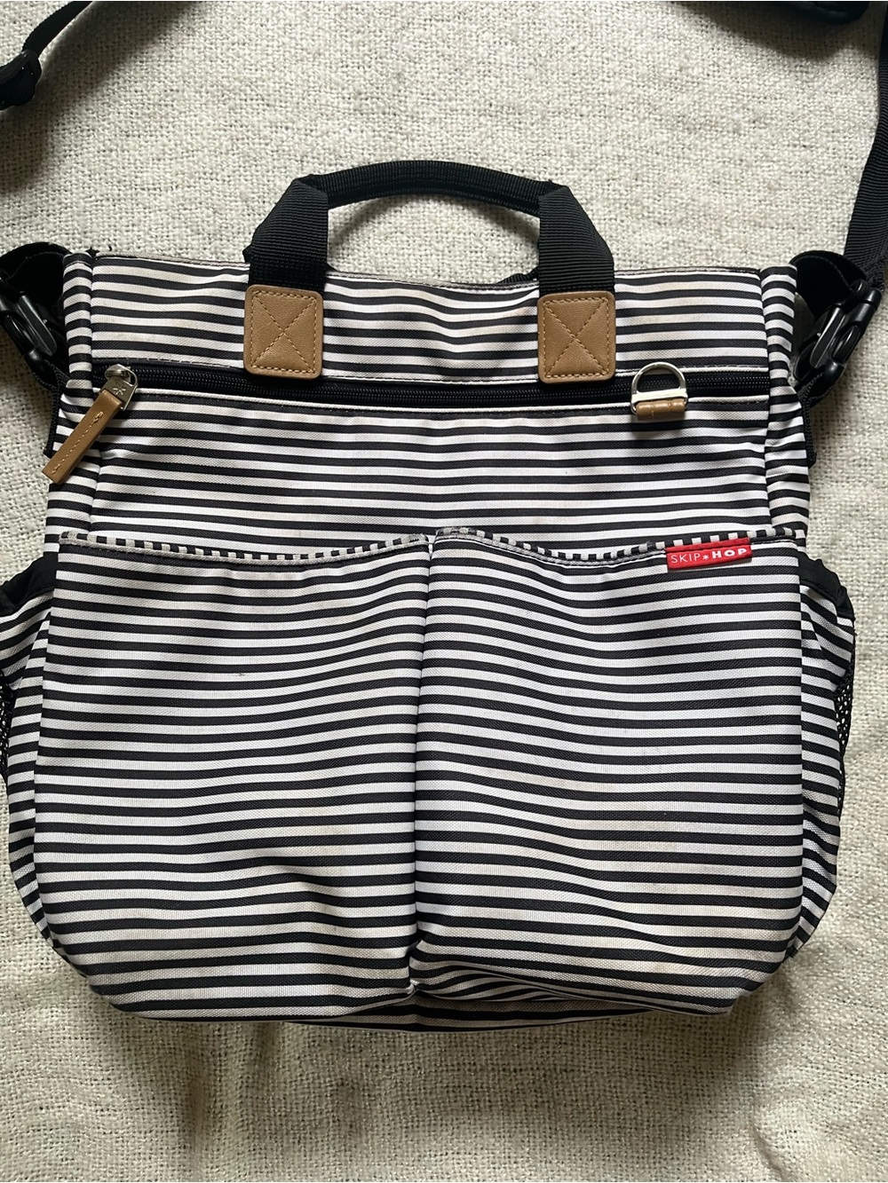 Skip Hop Navy Blue & White Striped Tote Diaper Bag with Tan Accents